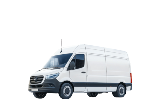 White delivery van parked against a plain background during daylight, showcasing its versatile design for transportation needs