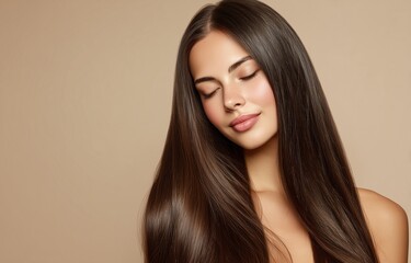 Naklejka premium Close-up portrait of a beautiful woman with long straight brown hair, smooth hairstyle, and flawless color on a beige studio background