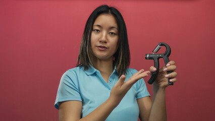Woman grips hand exerciser wearing blue shirt with red background showcasing fitness and strength...