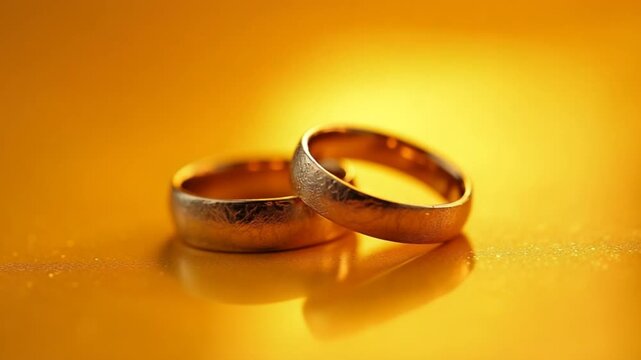 Wedding rings lying, rotate, spinning on shiny golden shining surface with light, close-up macro