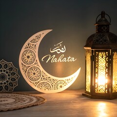 "A softly illuminated decorative scene with an Islamic-inspired ambiance. A glowing crescent moon-shaped lamp hangs, with elegant calligraphy text inside it. Beside it, a traditional ornate lantern em