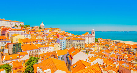 view of Alfama panorama, old town rooftops at sunny day, Lisbon, Portugal