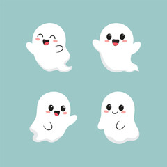 Four adorable cartoon ghosts with happy expressions floating on a light blue background