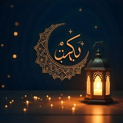 "A softly illuminated decorative scene with an Islamic-inspired ambiance. A glowing crescent moon-shaped lamp hangs, with elegant calligraphy text inside it. Beside it, a traditional ornate lantern em