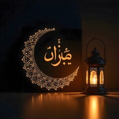 "A softly illuminated decorative scene with an Islamic-inspired ambiance. A glowing crescent moon-shaped lamp hangs, with elegant calligraphy text inside it. Beside it, a traditional ornate lantern em