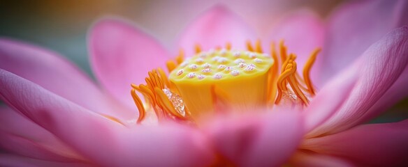 Close-up of a Pink Water Lily's Stamens and Petals