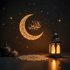 "A softly illuminated decorative scene with an Islamic-inspired ambiance. A glowing crescent moon-shaped lamp hangs, with elegant calligraphy text inside it. Beside it, a traditional ornate lantern em