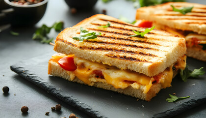 Tasty sandwiches with melted cheese on gray table, closeup