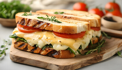 Tasty sandwiches with melted cheese on gray table, closeup