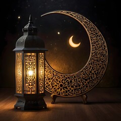 "A softly illuminated decorative scene with an Islamic-inspired ambiance. A glowing crescent moon-shaped lamp hangs, with elegant calligraphy text inside it. Beside it, a traditional ornate lantern em