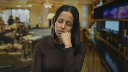 Young hispanic woman rests with closed eyes at a restaurant table indoors suggesting tiredness amid...