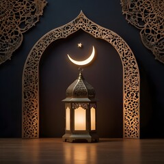 "A softly illuminated decorative scene with an Islamic-inspired ambiance. A glowing crescent moon-shaped lamp hangs, with elegant calligraphy text inside it. Beside it, a traditional ornate lantern em