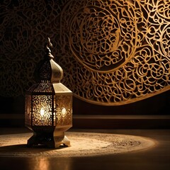 "A softly illuminated decorative scene with an Islamic-inspired ambiance. A glowing crescent moon-shaped lamp hangs, with elegant calligraphy text inside it. Beside it, a traditional ornate lantern em