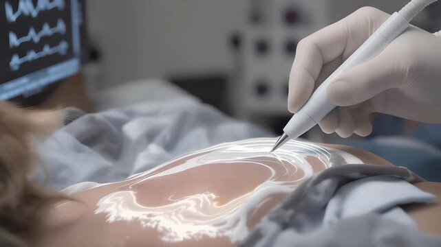 Futuristic medical procedure with a surgeon using an advanced energy pen for innovative skin treatment on a patient