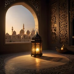"A softly illuminated decorative scene with an Islamic-inspired ambiance. A glowing crescent moon-shaped lamp hangs, with elegant calligraphy text inside it. Beside it, a traditional ornate lantern em