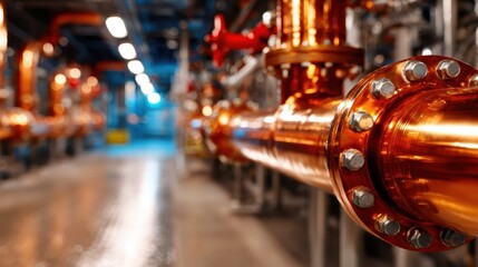 This image showcases a series of shiny copper pipes in a large industrial setting, emphasizing the craftsmanship and intricate network of piping used in various systems.