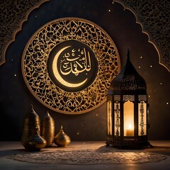 "A softly illuminated decorative scene with an Islamic-inspired ambiance. A glowing crescent moon-shaped lamp hangs, with elegant calligraphy text inside it. Beside it, a traditional ornate lantern em