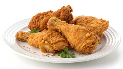 Crispy Fried Chicken Pieces on White Plate: Appetizing Food Photography