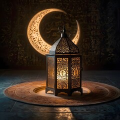 "A softly illuminated decorative scene with an Islamic-inspired ambiance. A glowing crescent moon-shaped lamp hangs, with elegant calligraphy text inside it. Beside it, a traditional ornate lantern em