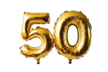 Gigantic golden balloon shaped like the number 50 in metallic finish for celebration events, capturing the essence of milestone birthdays and anniversaries