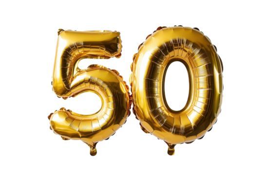 Gigantic golden balloon shaped like the number 50 in metallic finish for celebration events, capturing the essence of milestone birthdays and anniversaries