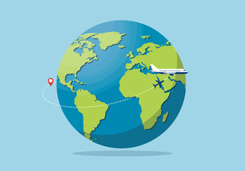 Naklejka premium Airplane flying around the world with dotted line path.