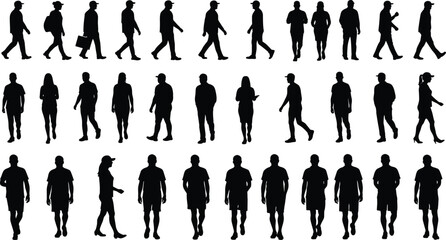 Vector illustration of diverse walking people silhouettes, men and women in casual and formal outfits, street lifestyle crowd design artwork
