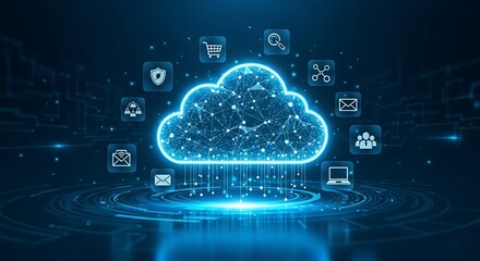 Futuristic digital cloud network illustration showcasing interconnected services and technology on a dark blue background.