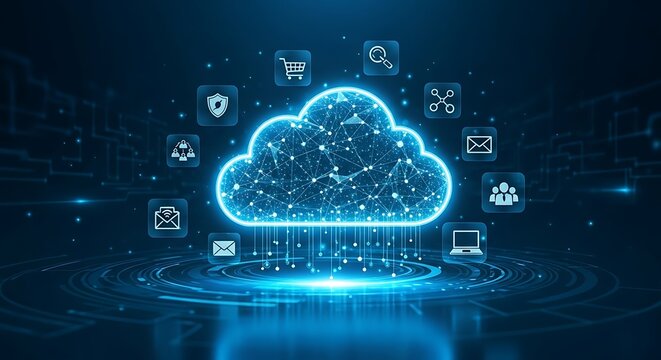 Futuristic digital cloud network illustration showcasing interconnected services and technology on a dark blue background.