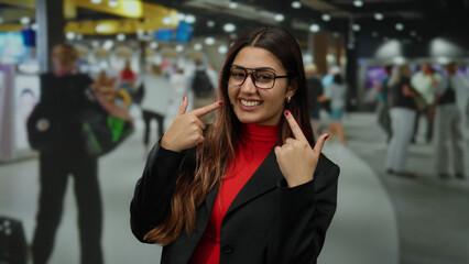 Woman smiling in airport terminal with glasses pointing at smile amid people walking in background.