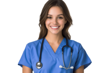 Young female nurse in blue scrubs smiles warmly, ready to provide care in a healthcare setting, showcasing professionalism and compassion