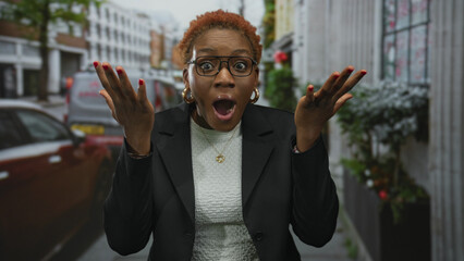 Young african american woman with hands to head and open mouth on city street wearing glasses and...