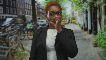 Woman wearing glasses and black blazer pinches mouth amid bicycle parking on bustling city street;...