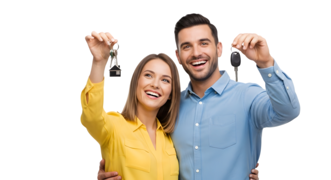 Happy Couple Holding Keys to New Home or Car