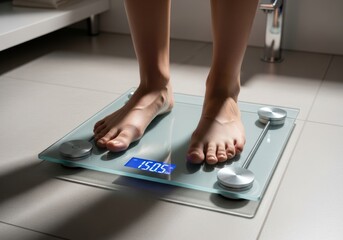 A close-up of a person's bare feet standing on a modern digital scale, with the illuminated display showing the weight.