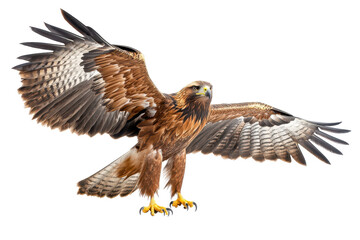 Obraz premium Majestic eagle with outstretched wings stands isolated against a white background showcasing its impressive feathers and powerful build, symbolizing strength and freedom
