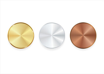 Award golden, silver and bronze blank medals realistic illustration. First, second and third place medals isolated on white background 