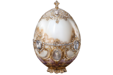 Exquisite decorative egg with intricate designs and luxurious materials displayed against a transparent background