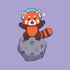 cute Red Panda Astronaut on moon. vector illustration