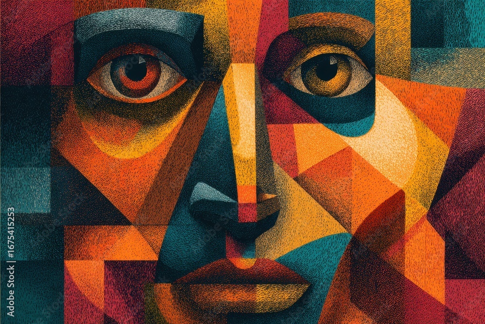 Aufkleber cubism artwork featuring an abstract portrait of a face in vibrant colors and geometric shapes with 