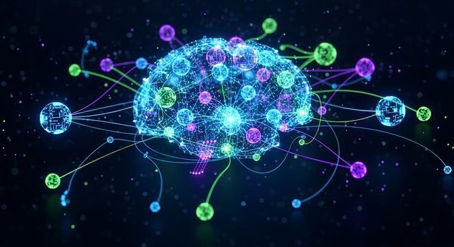 Glowing digital brain with connecting nodes and lines on dark background, concept for artificial intelligence, machine learning, and neural network development