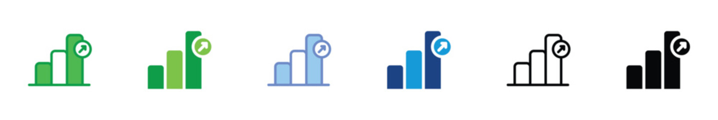 Business Growth Icon Set – Increasing Bar Chart with Upward Arrow Symbol for Success, Profit and Analytics