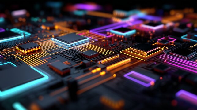 Visualization of quantum AI solving complex optimization problems, glowing neon circuits