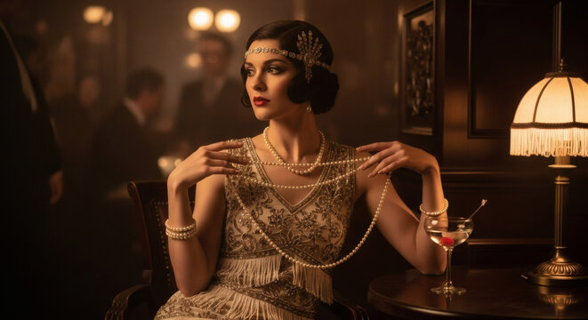 A woman in a elegant 1920s flapper dress, holding a string of pearls, in a moody, low-key lit speakeasy setting, Great Gatsby aesthetic