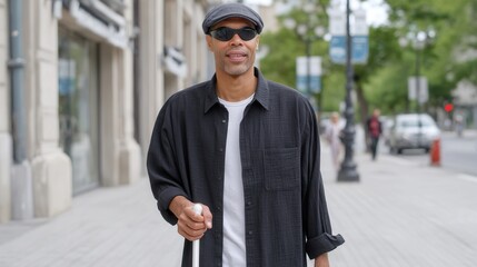 Portrait of blind man using white cane walking on city sidewalk inclusive urban lifestyle 