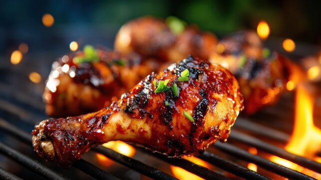 Juicy grilled chicken drumsticks coated in a luscious, caramelized barbecue glaze, sizzling on the grill, ideal for any summer cookout or outdoor gathering, and evoking mouthwatering hunger.