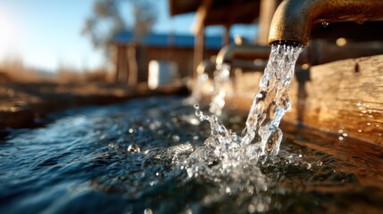 Clear water flows from a rustic outdoor faucet into a tranquil stream, capturing the essence of nature's beauty and the simplicity of rural living in a peaceful setting.