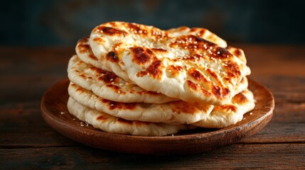 A stack of fresh, fluffy naan bread beautifully arranged on a wooden plate, capturing the soft texture and slight char marks that enhance its delicious appeal.
