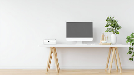 モニターが置かれたモダンなオフィスの明るいデスク風景