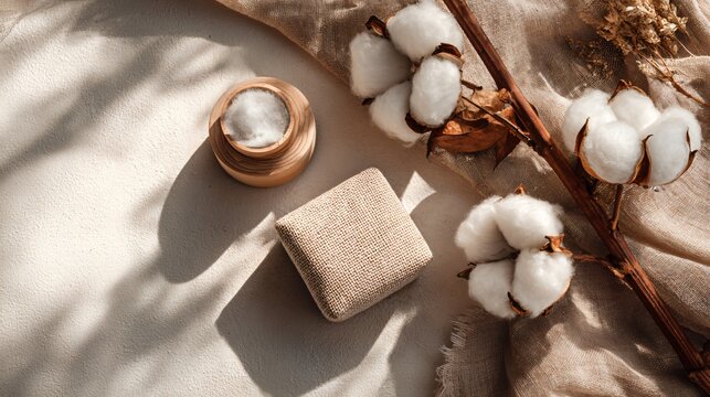 Cotton as sustainable packaging concept, product showcase flat lay